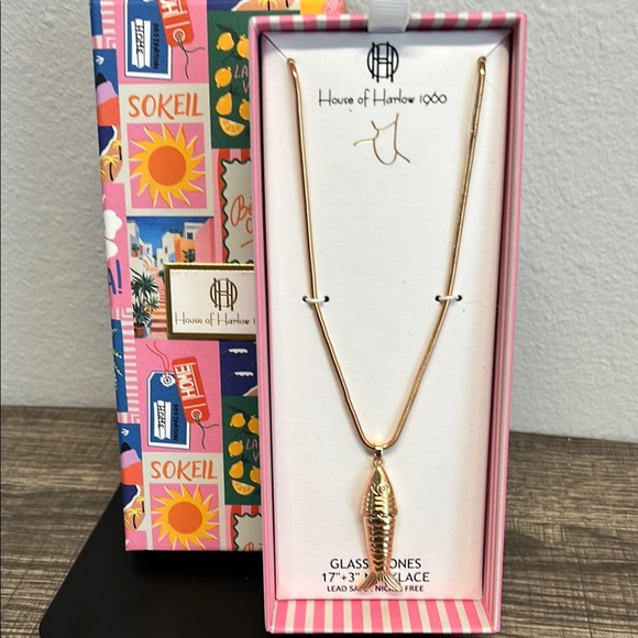 🐟 House of Harlow 1960 Gold Fish w/Gem 💎 Necklace - Picture 1 of 5